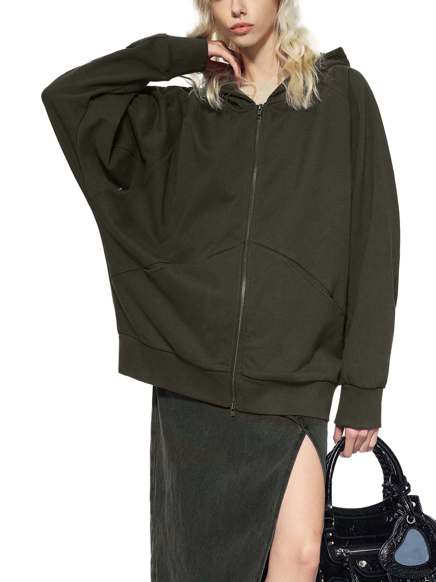 Dolman Sleeve Zip-Through Fleece Hoodie