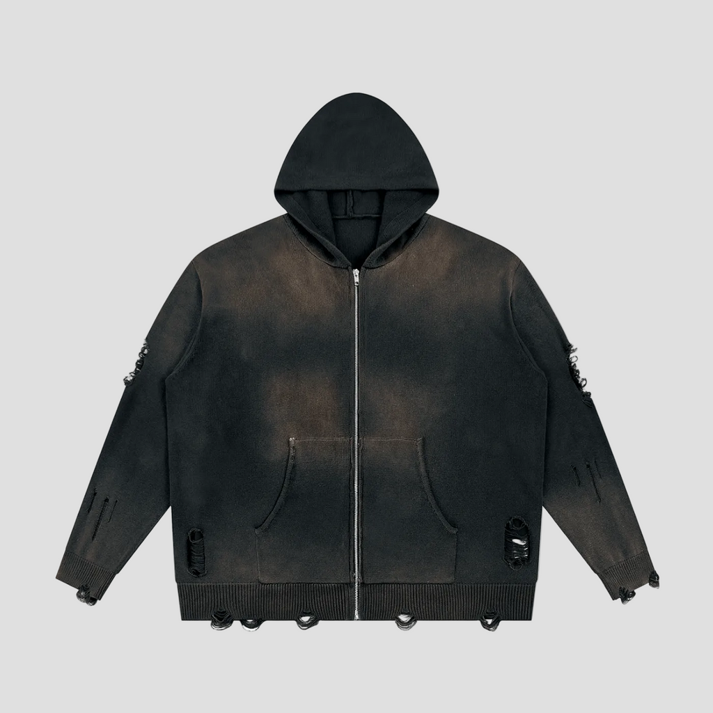 Unisex Distressed Full Zip Sweater
