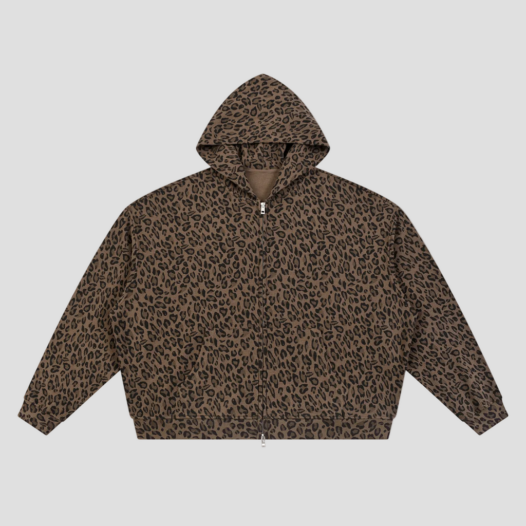 Unisex Leopard Print Waffle Full Zip Hoodie