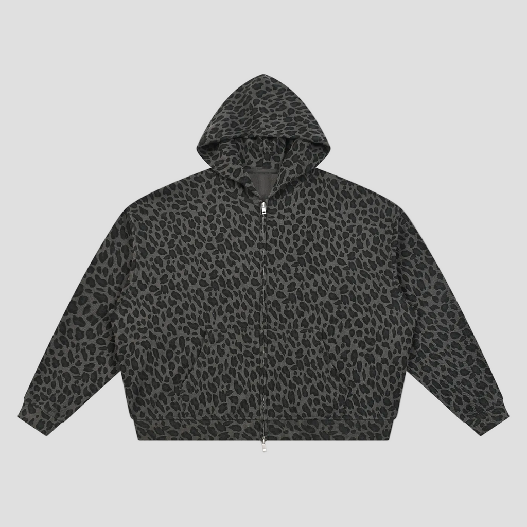 Unisex Leopard Print Waffle Full Zip Hoodie