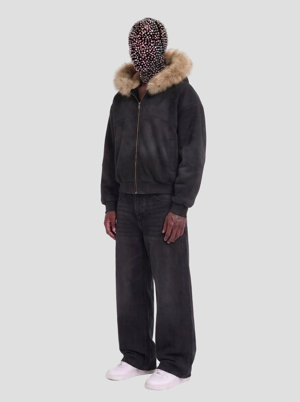 Sun Fade Boxy Detachable Fur Hoodie