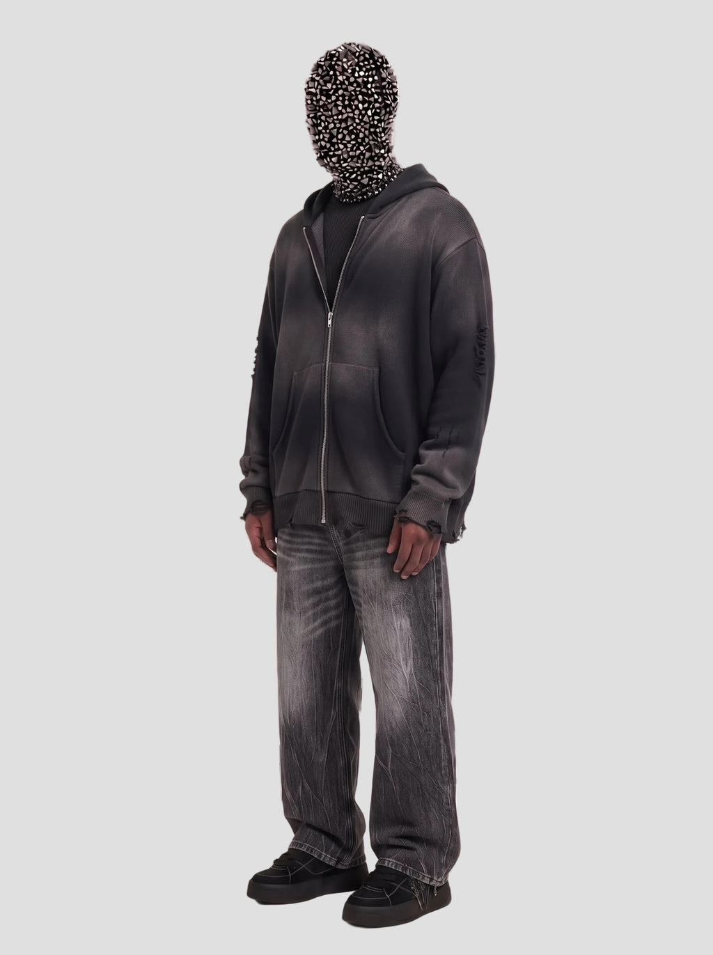 Unisex Distressed Full Zip Sweater