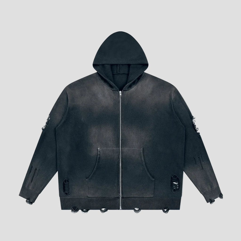 Unisex Distressed Full Zip Sweater