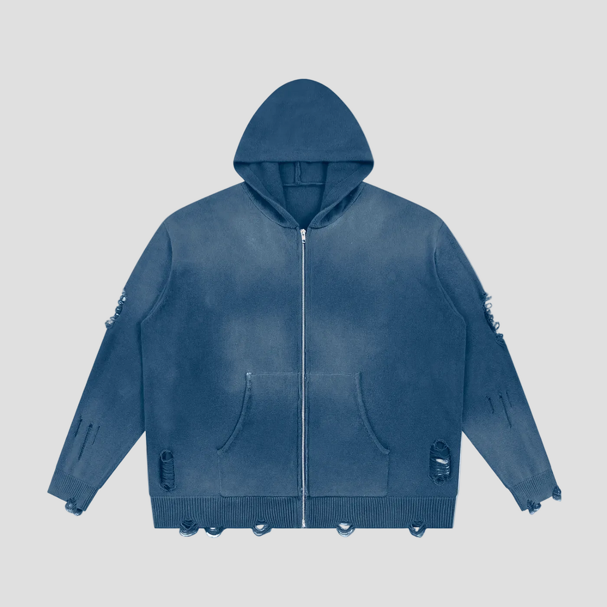 Unisex Distressed Full Zip Sweater